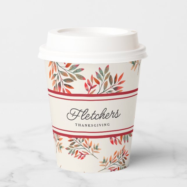 Fall Botanical Red Leaves Ivory Customizable Paper Cups (Front)