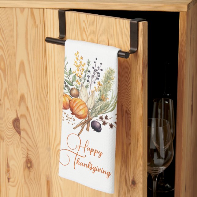 Fall Botanicals, Spices Happy Thanksgiving Kitchen Towel (Thirds Fold)