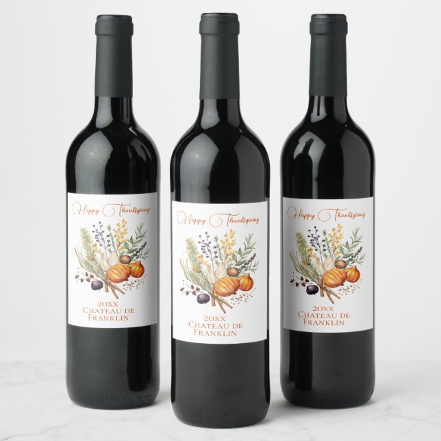 Fall Botanicals, Spices Happy Thanksgiving Wine Label (Bottles)
