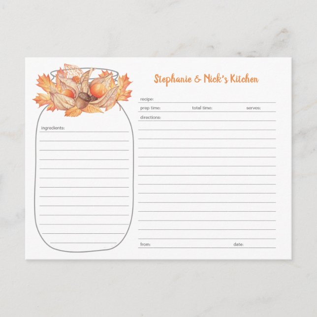 Fall Bouquet Mason Jar Recipe Cards (Front)