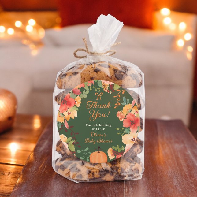 Fall Bow Boho pumpkin floral thank you baby shower Classic Round Sticker (Fall Bow Boho pumpkin floral thank you baby shower Classic Round Sticker on green)