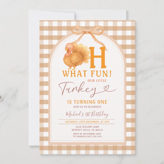 Fall Bow Oh what Fun! Turkey 1st Birthday Gingham Invitation (Front)
