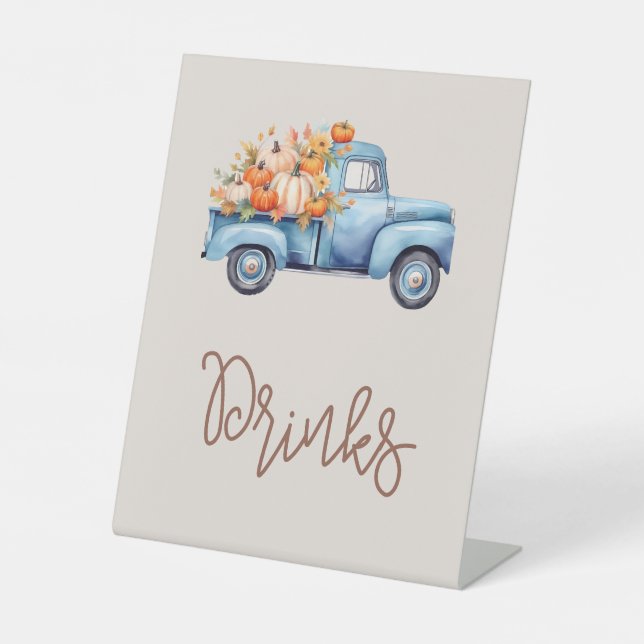 Fall Boy Baby Shower Blue Pumpkin Truck Drinks Pedestal Sign (Front)