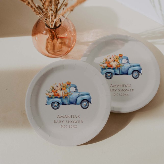 Fall Boy Baby Shower Blue Pumpkin Truck Paper Plate (Creator Uploaded)