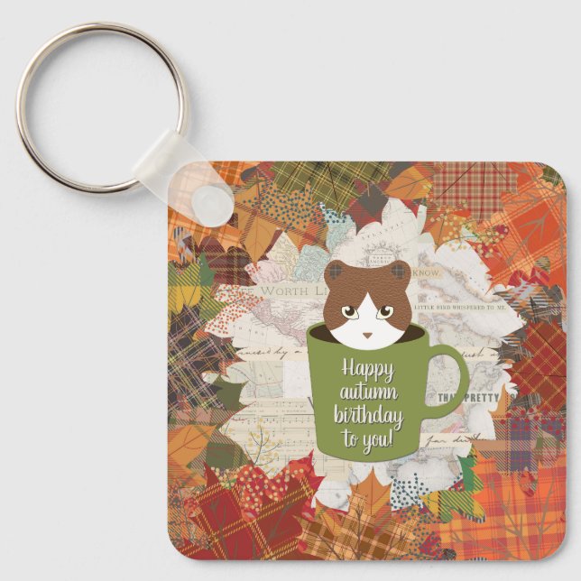 Fall Break Cat Square Keychain (Front)