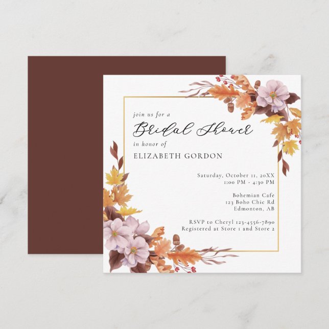 Fall Bridal Shower Autumn Floral Script Elegant Invitation (Front/Back)