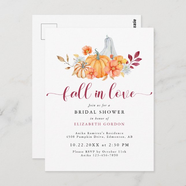 Fall Bridal Shower Autumn Pumpkin Fall in Love Postcard (Front/Back)