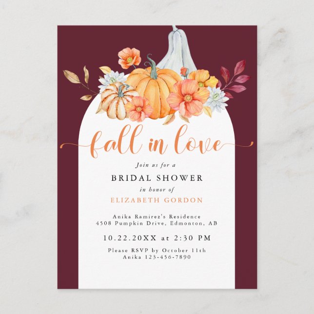 Fall Bridal Shower Autumn Pumpkin Fall in Love Postcard (Front)