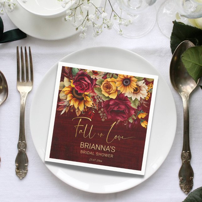 Fall bridal shower burgundy roses sunflowers napkin (Fall in love burgundy roses sunflowers autumn fall bridal shower personalized napkins)