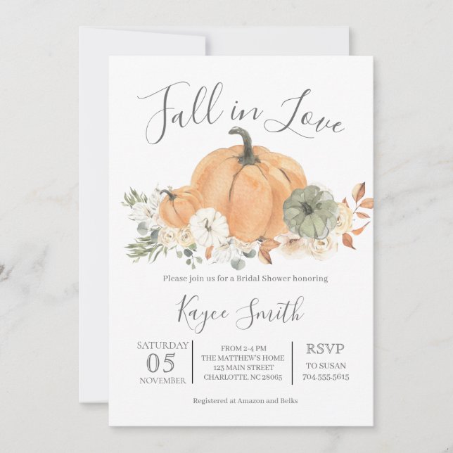 Fall Bridal Shower, Fall in love Invitation  (Front)