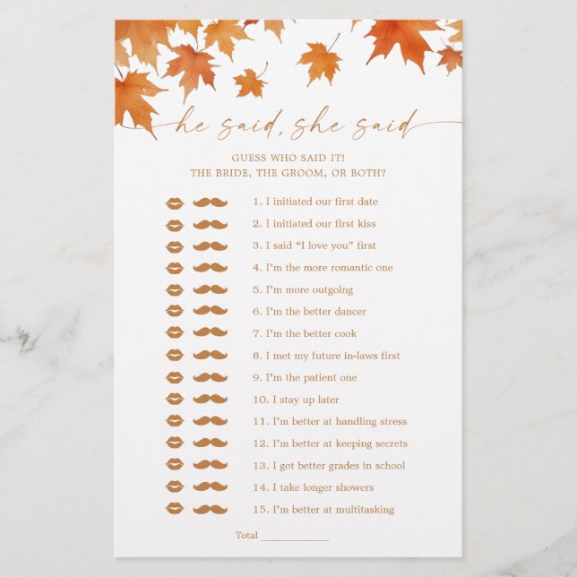 Fall Bridal Shower He Said She Said Game (Front)