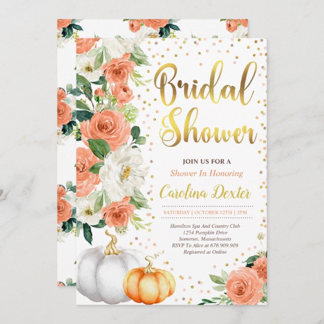 Fall Bridal Shower Invitation Blush Orange & Gold (Front/Back)