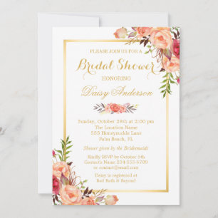 Fall Bridal Shower Rustic Orange Floral Chic Gold Invitation