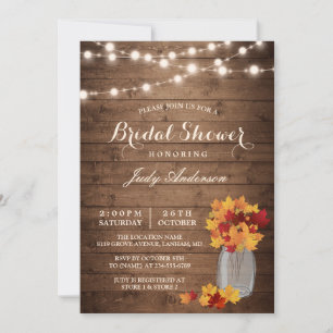 Fall Bridal Shower   Rustic Wood Mason Jars Lights Invitation