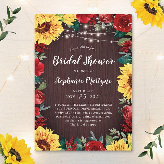 Fall Bridal Shower Sunflowers Red Roses Invitation (Creator Uploaded)