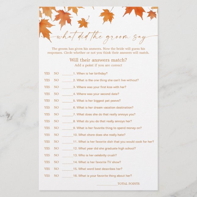 Fall Bridal Shower What Did He Say Game (Front)