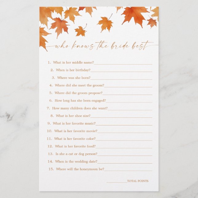 Fall Bridal Shower Who Knows the Bride Best Game (Front)