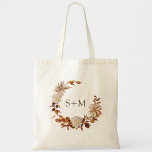 Fall Bride Groom Monogram Leaves Wreath Wedding Tote Bag<br><div class="desc">This elegant fall wedding tote bag features hand-painted watercolor burnt orange and terracotta leaves, cream and beige dahlias, and beautiful rust-coloured roses perfect for an autumn wedding! The back and front have the same design. (This design is part of the Autumn Romance collection that can be viewed by clicking on...</div>