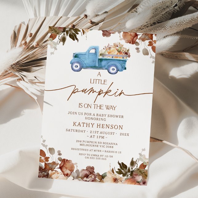 Fall Brown Floral Blue Pumpkin Truck Baby Shower  Invitation (A Little Pumpkin Is On The Way Baby Shower Invitation Boy, Fall Little Pumpkin baby Shower Invite, )