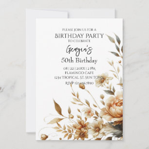 Fall Brown Floral Elegant Birthday Party Invitation