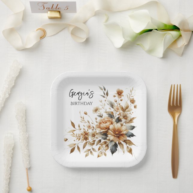 Fall Brown Floral Elegant Birthday Party Paper Plate (Wedding)