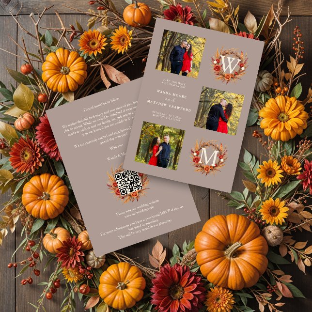 Fall Brown Gold Exquisite Modern 3 Wedding Photos Save The Date (Brown Gold Exquisite Modern Fall Wreath 3 Photos Wedding Engagement Collage Save the Dates Cards.)