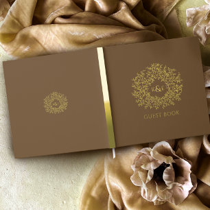 Fall brown gold leaf monogram wedding guest book