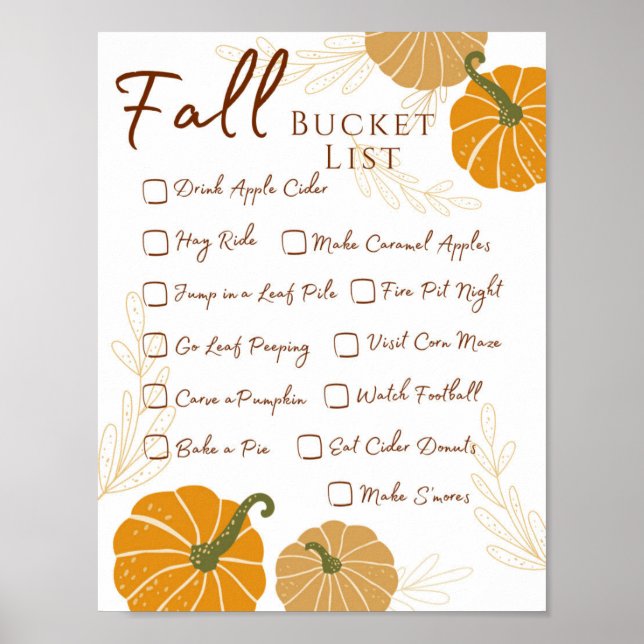 Fall Bucket List Activity Check List  Poster (Front)