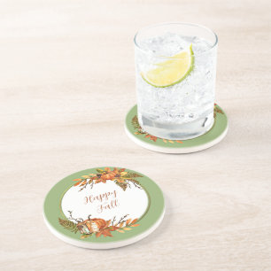 Fall bunny and pumpkins with customizable text coaster