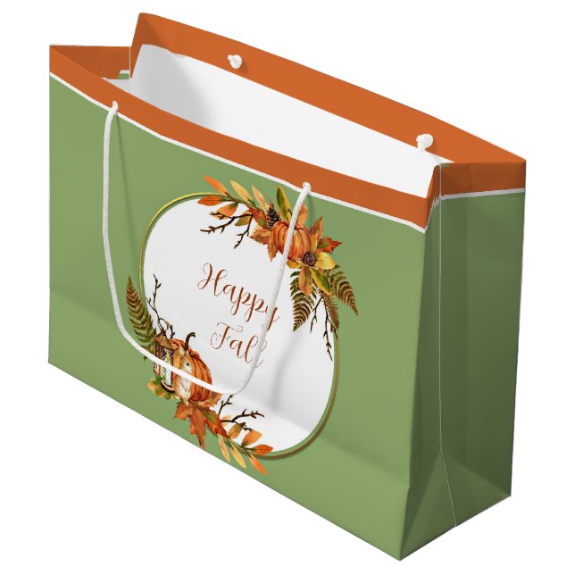 Fall bunny and pumpkins with customizable text  large gift bag (Front Angled)
