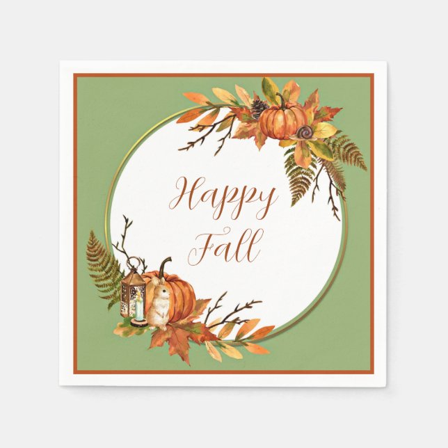 Fall bunny and pumpkins with customizable text  napkin (Front)