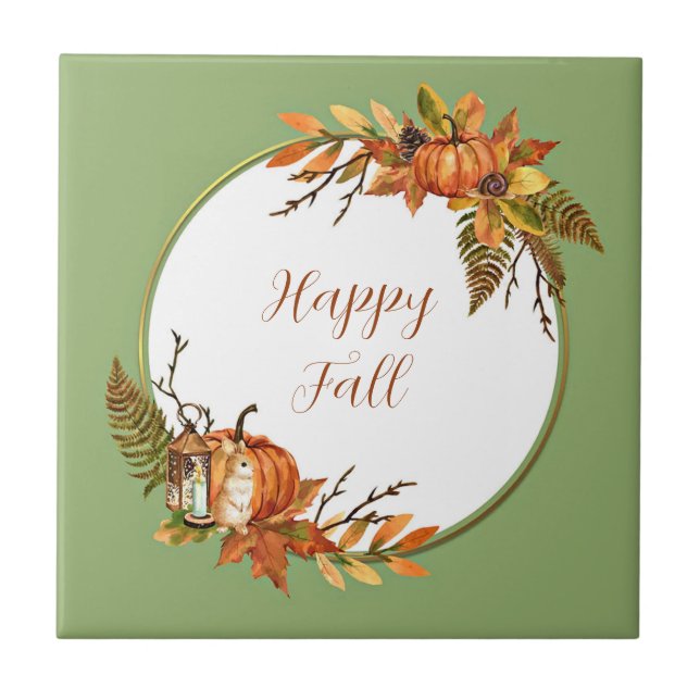 Fall bunny and pumpkins with customizable text  tile (Front)