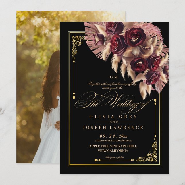 Fall Burgundy Black Floral Boho Rustic Wedding  Invitation (Front/Back)