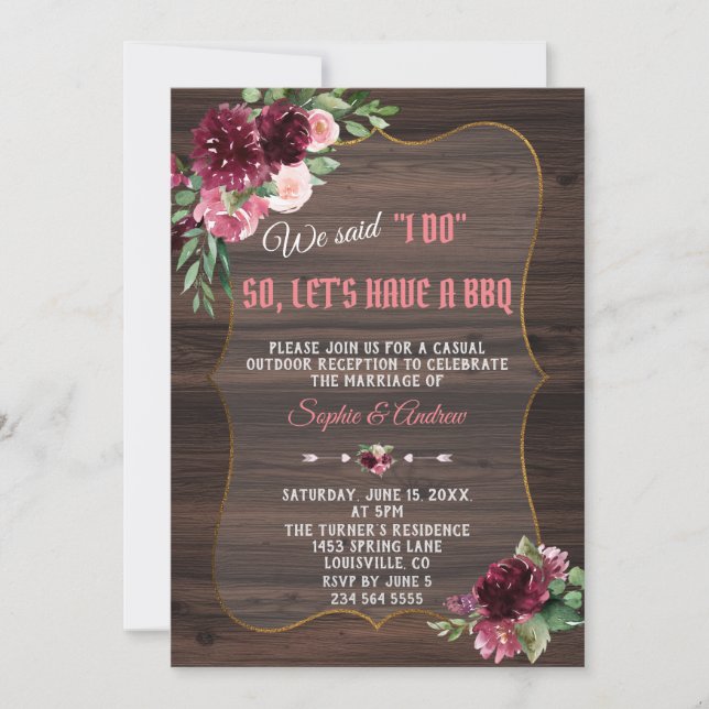 Fall Burgundy Blush Wood Wedding I DO BBQ Invitation (Front)