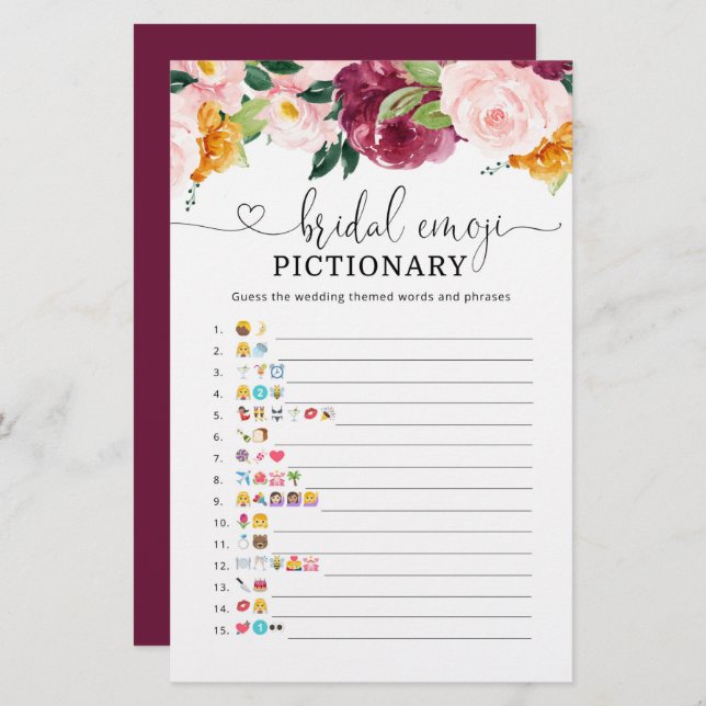 Fall burgundy bridal shower emoji pictionary game (Front/Back)