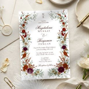 Fall Burgundy & Burnt Orange Rust Florals Wedding Invitation