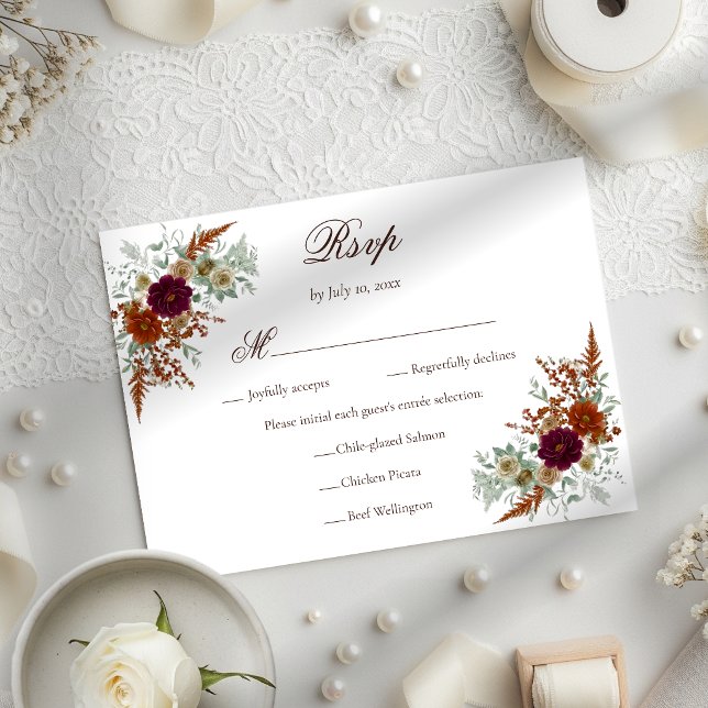 Fall Burgundy & Burnt Orange Rust Florals Wedding RSVP Card (Creator Uploaded)