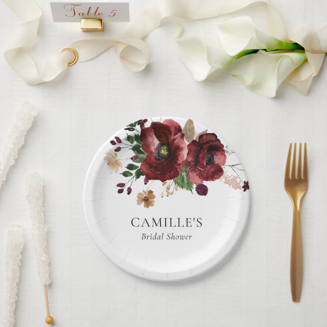 Fall Burgundy Floral Bridal Shower Party Paper Plate (Wedding)