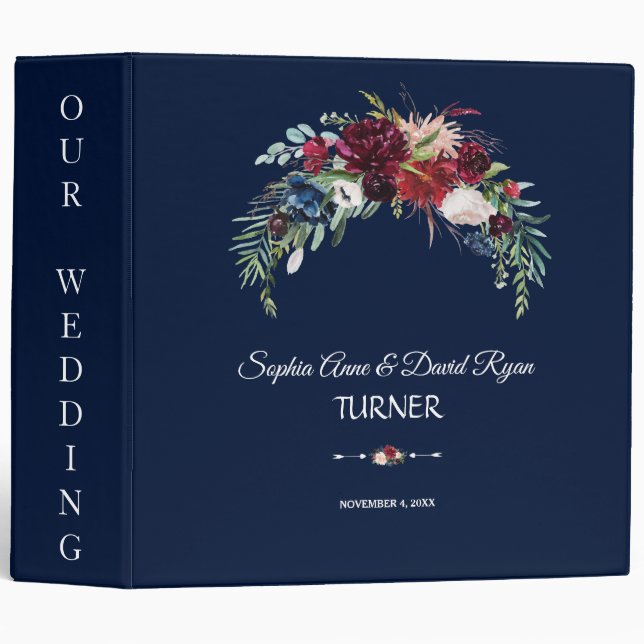 Fall Burgundy Floral Navy Blue Wedding Album Binder (Front/Spine)