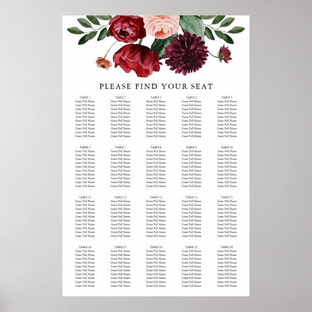 Fall Burgundy Floral Wedding Seating Chart (Front)