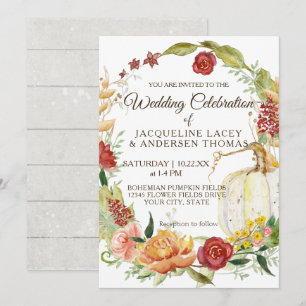 Fall Burgundy Floral White Pumpkin Wreath Wedding Invitation