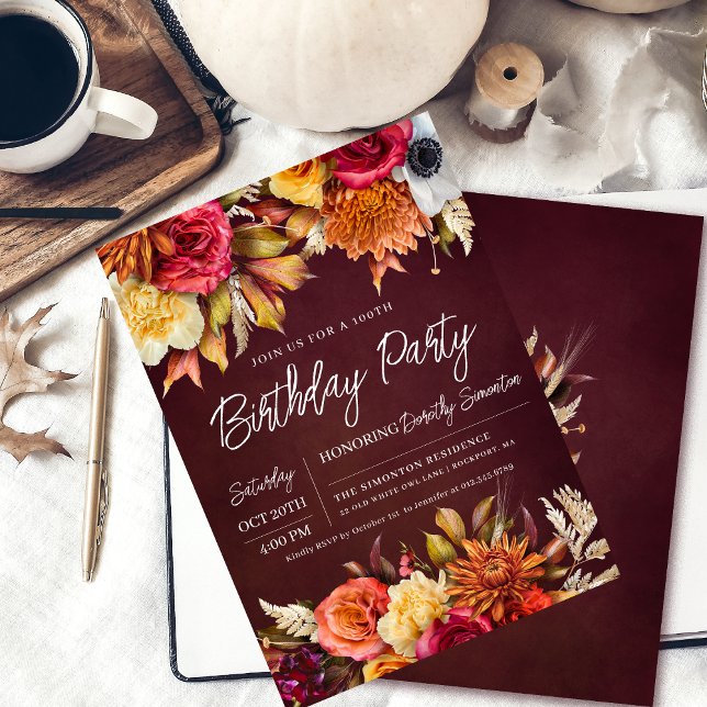 Fall Burgundy Flowers Chic Script 100th Birthday Invitation (Colorful 100th birthday party invitation. Perfect for a fall celebration. )