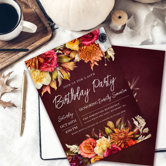 Fall Burgundy Flowers Chic Script 40th Birthday Invitation (Colorful 40th birthday party invitation. Earth colors make it perfect for a fall celebration. )