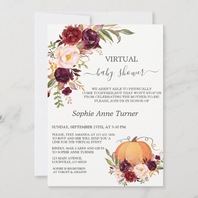 Fall Burgundy Flowers Pumpkin Virtual Baby Shower Invitation (Front)