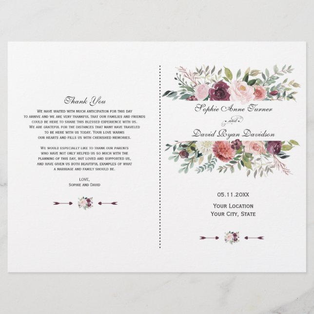 Fall Burgundy Ivory Floral Frame Wedding Program (Front)
