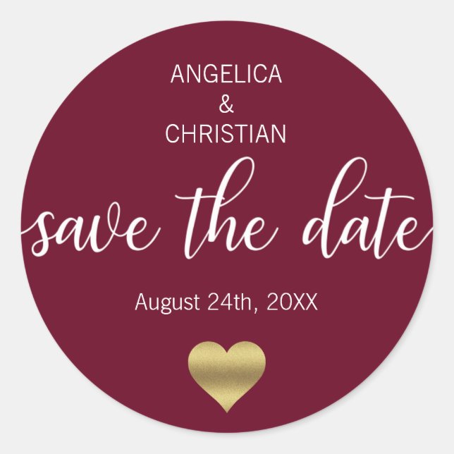 Fall Burgundy Marsala Gold SAVE THE DATE Wedding Classic Round Sticker (Front)