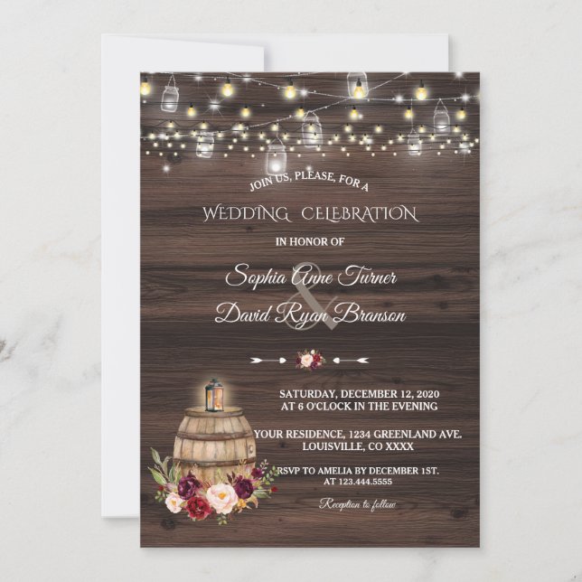 Fall Burgundy Marsala Wine Barrel Floral Wedding Invitation (Front)