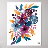 Fall Burgundy Navy Mustard Watercolor Flowers Art