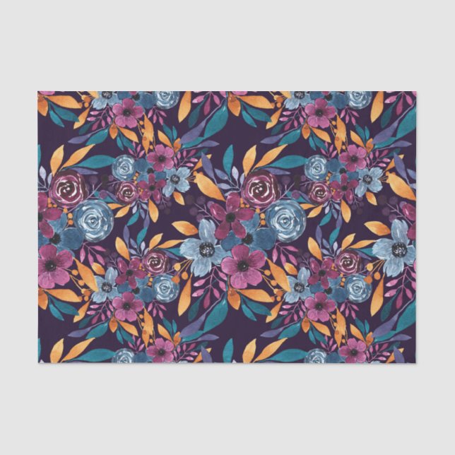 Fall Burgundy Navy Mustard Watercolor Flowers Art Tissue Paper (Front)