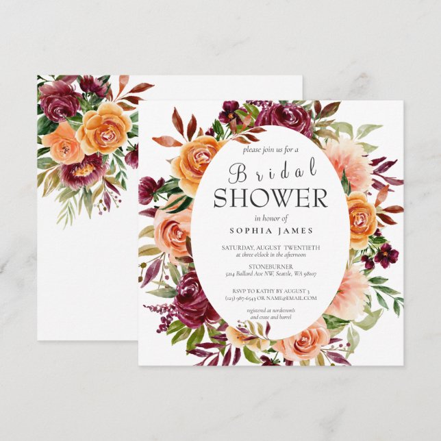 Fall Burgundy Orange Floral Bridal Shower Invitati Invitation (Front/Back)